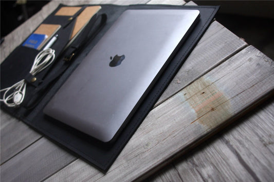 Black Leather MacBook Pro Sleeve Air M1 M2 Case, 16 14 15 inch Laptop Case, 15" Dell Laptop Bags, Custom 14 inch Lenovo Computer Cover