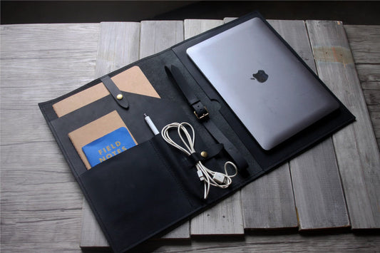 Black Leather MacBook Pro Sleeve Air M1 M2 Case, 16 14 15 inch Laptop Case, 15" Dell Laptop Bags, Custom 14 inch Lenovo Computer Cover
